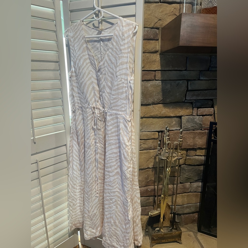 Magaschoni Beige and White Striped Maxi Dress
